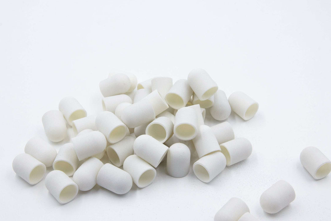 White Plastic Sanding Caps with Base + Mandrel, 10×15 mm — 10 pcs