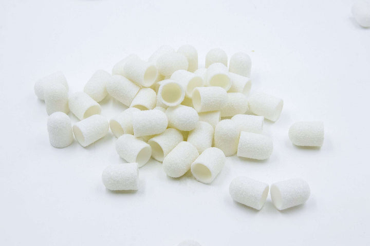 White Plastic Sanding Caps with Base + Mandrel, 10×15 mm — 10 pcs