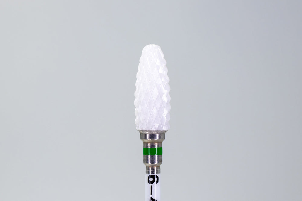 Ceramic Nail Drill Bit Model 6-4-4 with olive-shaped head and rounded tip. Coarse grit for material removal, heat-resistant.