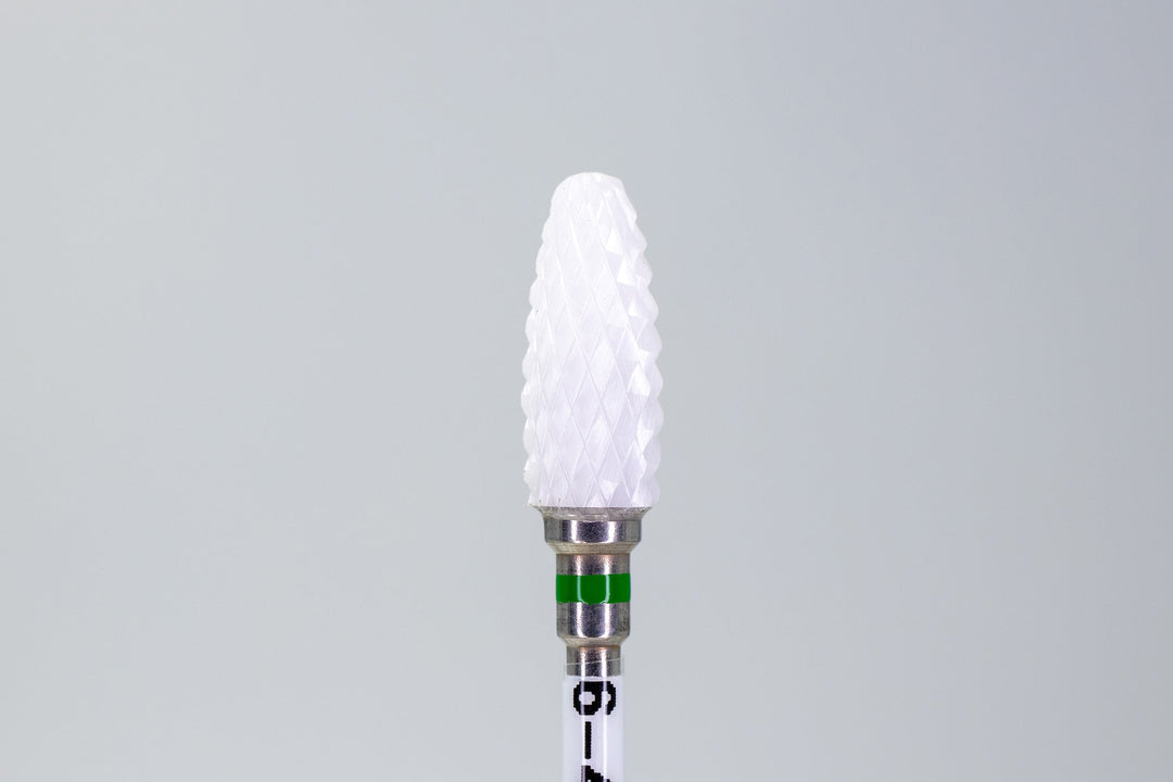 Ceramic Nail Drill Bit Model 6-4-4 with olive-shaped head and rounded tip. Coarse grit for material removal, heat-resistant.