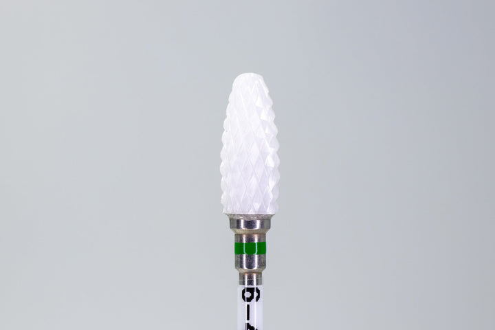 Ceramic Nail Drill Bit Model 6-4-4 with olive-shaped head and rounded tip. Coarse grit for material removal, heat-resistant.