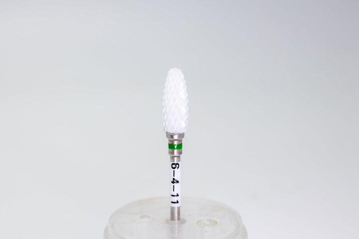 Ceramic Nail Drill Bit Model 6-4-4 with olive-shaped head and rounded tip. Coarse grit for material removal, heat-resistant.