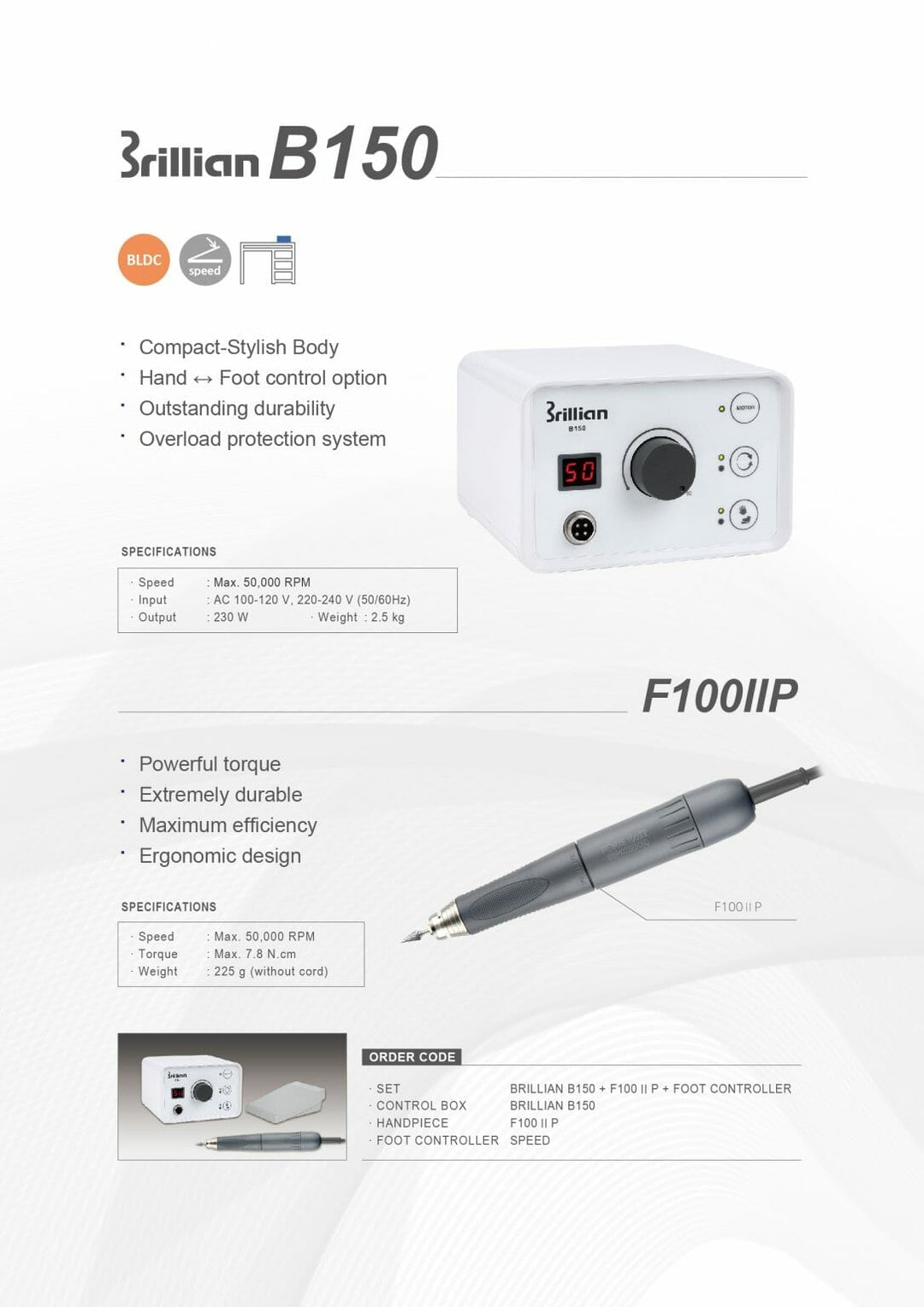 Saeshin B150 Powerful Nail Drill with Forte 100IIP Brushless handpiece Original with 7.8 torque