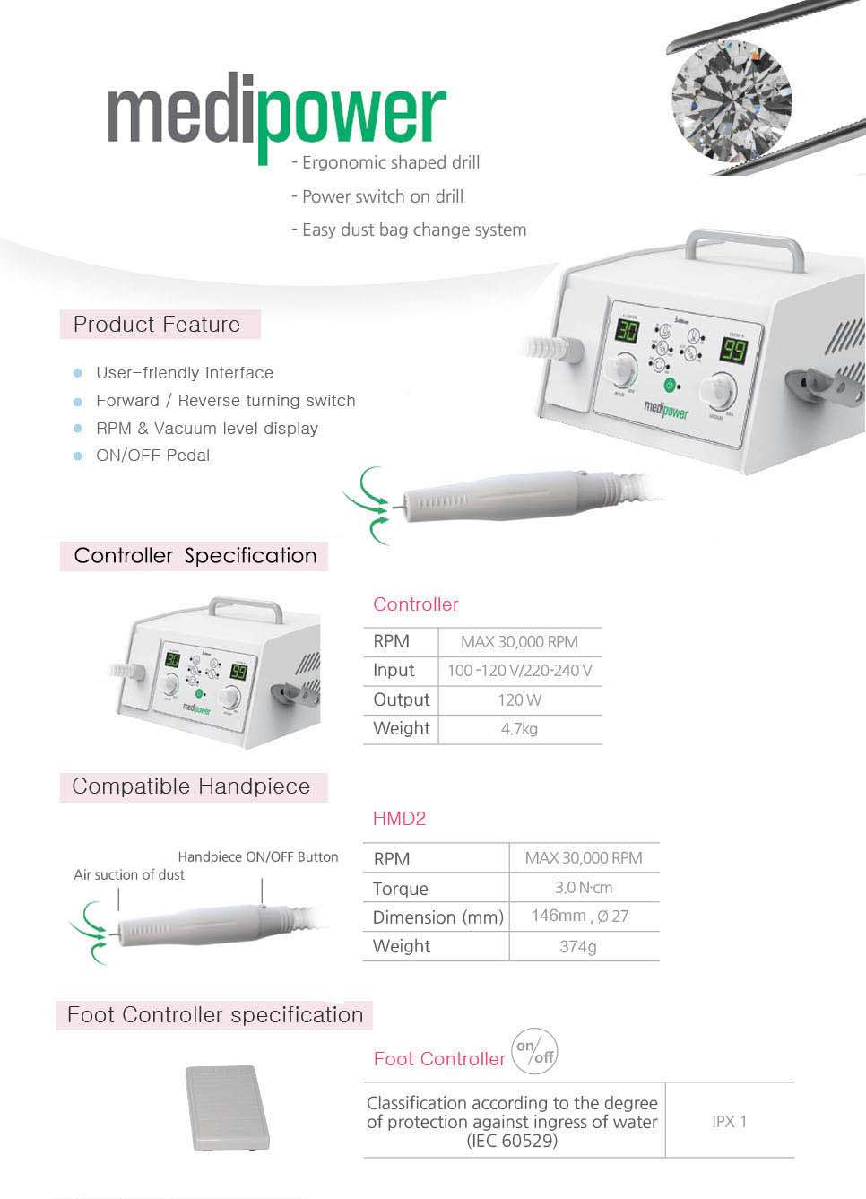 Saeshin HMD02 30K vacuum brushed handpiece for MEDI-POWER (MediPower) Podology Nail Drill