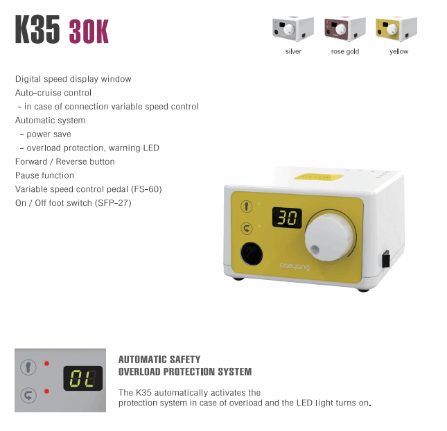 Saeyang K35 E-file with SH30N or H37L1 or H38L handpiece, up to 35K RPM Original