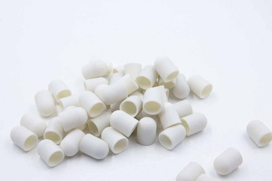 White Plastic Sanding Caps with Base + Mandrel, 10×15 mm — 10 pcs