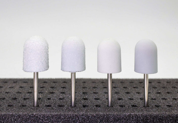 White Plastic Sanding Caps with Base + Mandrel, 10×15 mm — 10 pcs